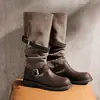 Nuevas botas western para mujer de Lan, colección otoño temprano 2026, con aumento interno de altura, botas de montar de doble hebilla, botas largas de suela gruesa y tacón grueso