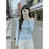 Suave top de punto de manga larga con hombros descubiertos estilo francés para mujer, nuevo diseño ajustado de otoño e invierno, adecuado para usar como prenda exterior o como capa base.