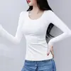 Camiseta de Manga Larga para Mujer de Color Sólido 2022 Elegante Negra y Blanca Otoño Cuello Redondo Camisa Base de Color Sólido Corte Ajustado Ropa Interior de Otoño e Invierno