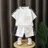 Novo Conjunto de Roupa Infantil Estilo Chinês Bordado Manga Curta Short Verão Meninos Fino Estiloso Casual Conjunto de Duas Peças Comércio Exterior