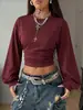 Sudadera con Capucha Cropped de Manga Larga Plisada en la Cintura Estilo Retro Americano Y2K Milenio para Mujer Mangas de Linterna Sueltas Cuello Redondo Manga Larga para Mujer