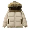 Chaqueta de algodón con bloques de color y empalmes de pana, estilo nuevo para otoño e invierno, transfronteriza, con cuello grande de pelo desmontable y capucha, para parejas