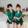 Comércio Exterior Pijama Infantil Imitação de Seda de Gelo para Meninos e Meninas Primavera e Outono Calça de Manga Curta Cardigã de Cor Sólida Gola Lapela Cetim Roupas de Casa