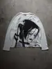 Camiseta Waffle de Manga Larga con Cuello Redondo Estampado de Personaje de Anime Estilo Oscuro Acg Color de Contraste Blanco y Negro Casual Y2K Ajuste Holgado