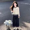 Conjunto de duas peças para meninas para o início do outono de 2026: top estiloso de retalhos xadrez estilo coreano e calça jeans versátil de perna larga