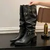 Botas altas retro con hebilla y tacón grueso para mujer 2026, botas adelgazantes hasta la rodilla, botas de punta con volantes