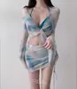 Nuevo Bikini Sexy de Alta Gama Set de Cuatro Piezas Dividido de Manga Larga para Niñas Traje de Baño Tie-Dye para Mujer de Playa Resort Aguas Termales
