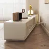 Mueble de TV Moderno Minimalista Sala de Estar Hogar Apartamento Pequeño Estilo Crema Madera Maciza Mueble de TV de Pie Combinación con Mesa de Café
