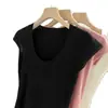 Tejido de punto rosa con cuello en U y manga corta para mujer en verano Estilo coreano Diseño de alta gama Cuello bajo Clavícula Aspecto adelgazante Top