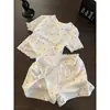 Pijama corto de manga corta con estampado de corazones, puramente deseable, para mujer, shorts cómodos de verano, ropa de estar ultra suave, conjunto casual para usar al aire libre