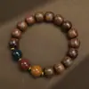 Contas Cilíndricas Estilo Vintage de Jacarandá Preto com Pingente de Lótus Esculpido, Pulseira de Círculo Único, Pulseira de Contas de Oração Budista Unissex