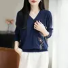Cardigã simples retro de gola V em Liocel para mulheres, novo casaco de malha versátil fresco fino simples elegante para primavera-verão