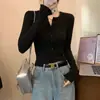 Camiseta Feminina Manga Longa Gola Meio Aberta Estilo Americano Picante, Camiseta Básica de Verão, Top Camada Interna Slim Fit