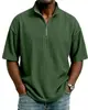 Camiseta Waffle com Meio Zíper Polo de Manga Curta Masculina Verão Solta Casual Cor Sólida Top Camisa Waffle Masculina