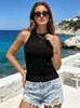 Top de punto hueco tipo halter para playa para mujer, nuevo estilo de verano, moda europea y americana, top sin mangas, chaqueta corta de moda para chicas calientes