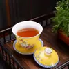 Conjunto de Tigelas Esmaltadas de Três Peças Estilo Palácio com Tampa, Conjunto de Chá Kung Fu Cerâmico Vintage, Xícara de Tigela de Chá Esculpida em Filigrana, Jingdezhen