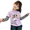 Camiseta infantil de manga comprida 100% algodão, blusa estampada de outono para meninas com efeito de duas peças, roupa de primavera e outono para bebês e crianças pequenas