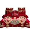 Juego de cuatro piezas para boda, todo algodón, festivo, diseño de dragón y fénix, ropa de cama de algodón puro para bodas, recién casados y parejas recién casadas, con una funda de edredón rojo brillante