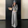 Pantalones casuales de pierna ancha a rayas para mujer, estilo retro americano, holgados y adelgazantes, de pierna recta, largos hasta el suelo, conjunto de sudadera con capucha de manga larga