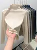 H393 Camiseta Básica Versátil de Cor Sólida com Gola Alta Curta para Mulheres, Camiseta Quente de Manga Longa para Outono e Inverno, Top Ajustado com Gola Média