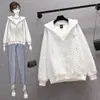 Sudadera Waffle para Mujer Otoño e Invierno Estilo Coreano Nuevo Cárdigan con Capucha Top Estampado Blanco Chaqueta Holgada de Manga Larga para Estudiante