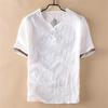 Camiseta de lino de manga corta con hebilla de estilo chino de verano para hombre, fina, informal, plisada, de algodón y lino antiguo, con cuello en V.
