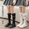 Meias infantis primavera e outono meias cano alto versão coreana infantil Lolita cor sólida laço malha dupla meias fabricantes atacado