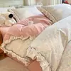 Juego de ropa de cama de cuatro piezas con estampado floral de algodón, juego de tres piezas de algodón puro que incluye funda de edredón, sábana plana y sábana ajustable, estilo fresco y sencillo para el dormitorio principal
