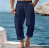 Nuevos Pantalones de Algodón y Lino Otoño Talla Europea Botón Cordón Cintura Elástica Elástica Pierna Recta Color Sólido Transpirables Diarios Casuales