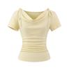 Camiseta de Manga Curta com Gola Balanço Estilo Coreano para Mulheres Verão 2025 Design de Laço com Alças Elegante Slim Top Ombro Direito