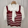 Elegante Camiseta de Manga Corta con Tira de Lazo Cuello Redondo Holgada Adelgazante para Mujer Verano Nuevo Top de Punto Rayado en Contraste