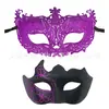 Máscaras poligonais pintadas de casal, máscaras venezianas vazadas de meia-face com decorações em pó, adereços para festas e fantasias de Halloween