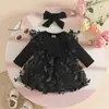 Vestido Romper de Tela de Punto Nueva para Bebé Niña Otoño Invierno con Parches de Malla de Mariposa de Tejido de Punto Color Sólido Manga Larga con Fruncidos de Encaje
