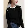 Camiseta Térmica de Lã Escovada com Design Único Color-Blocked de Manga Longa para Mulheres, Versátil Top Quente Espessado para Outono e Inverno