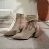Botines cortos con lazo de flecos para mujer, punta fina, tacón grueso, cremallera lateral, elegantes y estilizados, botines cortos de moda para otoño e invierno para mujer