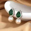 Brincos de Pérola, Brincos Verdes em Forma de Gota d'Água e Pera, Joias Retrô Francesas de Luxo Leve, Acessórios para Casamentos e Jantares, Sensação de Alto Padrão