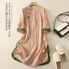 Foto Real de Camisas de Algodão e Linho Estilo Chinês Retro Outono/Inverno com Gola Assimétrica, Vestidos Chá de Algodão e Linho Soltos de Comprimento Médio