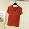 Top de mujer con cuello en V, camiseta básica, talla grande, nueva camiseta de manga corta de verano, adelgazante, color liso, modal, estilo coreano, corte holgado