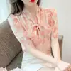 Moda Verão 2024 Nova Camisa de Chiffon Estampada de Manga Curta Top Feminino Chique Bonito Tendência Camisa Pequena