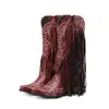 Botas de Cano Alto Apontadas Bordadas com Franjas Outono 2023 Botas de Couro com Rebites Moda Europeia e Americana Botas de Manga Salto Médio Comércio Exterior