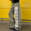 Jeans Anchos Lavados de Estilo Americano con Estampado de Letras Desestructurado para Mujer, Pantalones Vintage de Primavera High Street Sueltos Adelgazantes de Largo Completo
