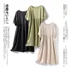Vestido Midi Japonés Casual Literario Ligero de Lino Puro Holgado Forma de Capullo Oculta Defectos Adelgazante Cintura Alta Manga Corta Dobladillo Ancho