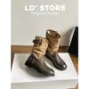 Botas Ocidentais Patchwork de Cano Curto Empilhadas para Mulheres, Estilo Novo, com Detalhe de Fivela, Aumento Interno de Altura, Bico Redondo, Outono/Inverno 2026