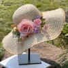 Sombrero de Paja con Flores de Ala Ancha para Mujer Verano Exterior Viaje Protección Solar Sombrero Vacaciones Marítimas Ala Dobladillo Sombrero de Playa