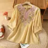 Camisa de Algodón Lino Artística Vintage con Bordado Pesado para Mujer, Verano Ligera y Fresca, Ajuste Holgado Adelgazante Pulóver Lino Top