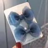 Grampo de cabelo com laço de fio de pérola estilo europeu e americano, presilha de tecido infantil, conjunto de 2 peças, presilha de cabelo feminina, acessórios de cabelo de rede doce