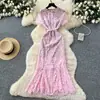 Vestido de Renda Curto com Gola Redonda e Manga Curta, Inlaid com Diamantes, Estilo Socialite de Luxo Leve, Vestido Longo de Festa Feminino de Alta Qualidade, Afinando e Valorizando a Silhueta, Estilo Sereia