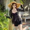 Traje de baño de dos piezas para mujer talla grande, estilo coreano nuevo, estilo puro deseo, manga larga, protección solar, adelgazante, fruncido, conservador, adecuado para aguas termales y vacaciones
