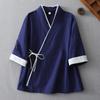 Camisa de Algodón y Lino Estilo Chino Retro Mejorado Hanfu para Mujer con Cierre de Lazo al Frente, Cuello Diagonal y Cuello en V, Cárdigan de Talla Grande, Atuendo de Té Inspirado en el Zen