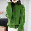 Cárdigan de punto de moda para mujer con bloques de color, cuello alto, múltiples botones, cuello semi-alto, corte holgado y mangas largas, perfecto para otoño e invierno.